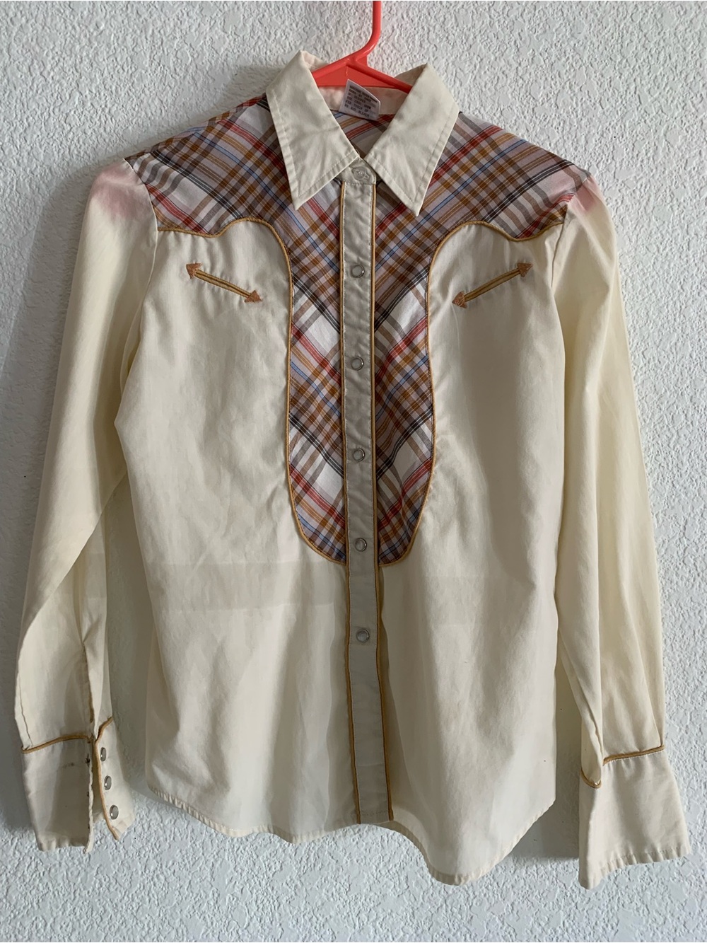 Women’s Western Plaid Yoke Shirt - Cream with Brown & Red Plaid